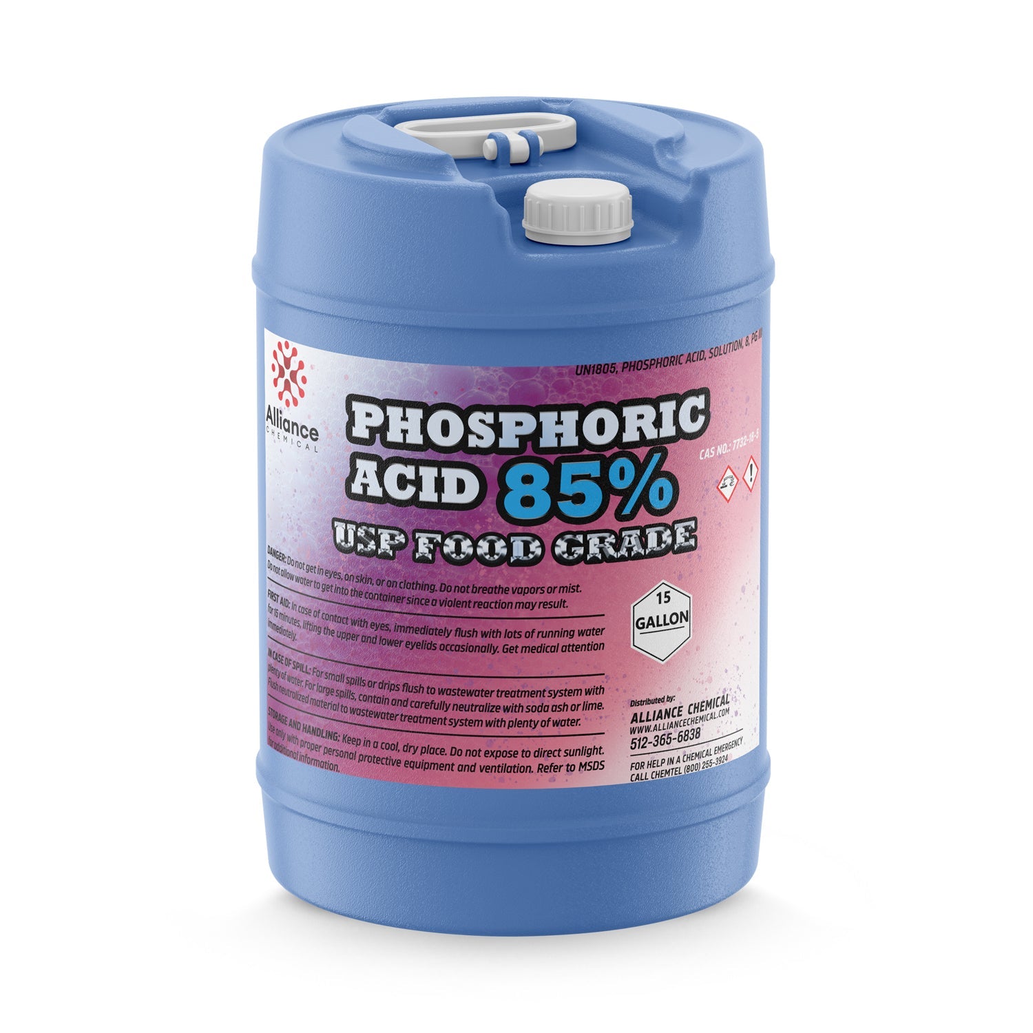 15-gallon blue HDPE drum of USP Food Grade 85% Phosphoric Acid with hazard warning symbols, Alliance Chemical branded safety label.